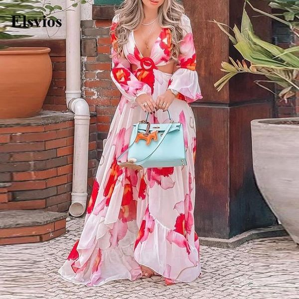 

casual dresses elegant long sleeve women party dress irregular floral print maxi fashion hollow out cut off beach, Black;gray