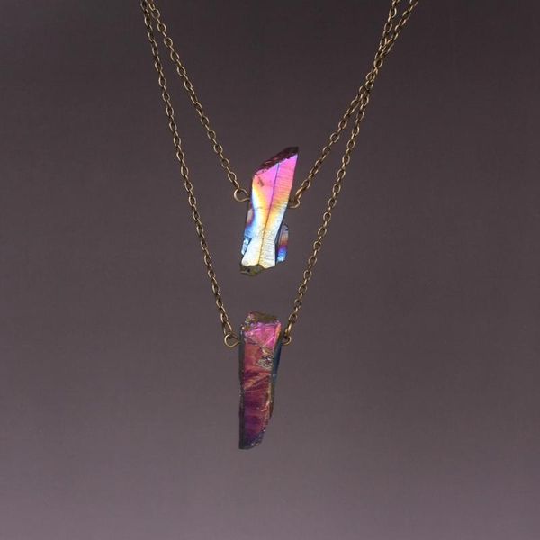 

6pcs vintage handmade bronze necklace color-plated natural quartz stone pendant necklaces pendulum jewelry for wholesale chains, Silver