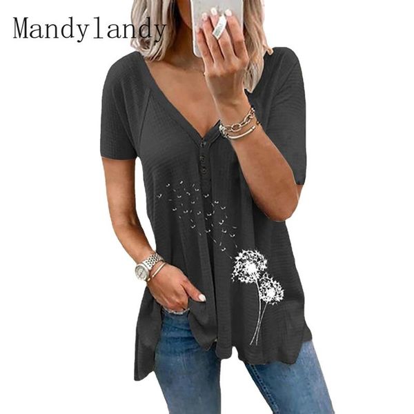 

women's t-shirt mandylandy summer fashion v-neck printed button casual short sleeve loose, White