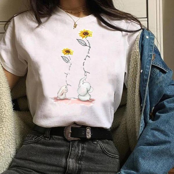 

print clothing graphic cartoon sunflower women t shirt elephant animal clothes tees female womens, White