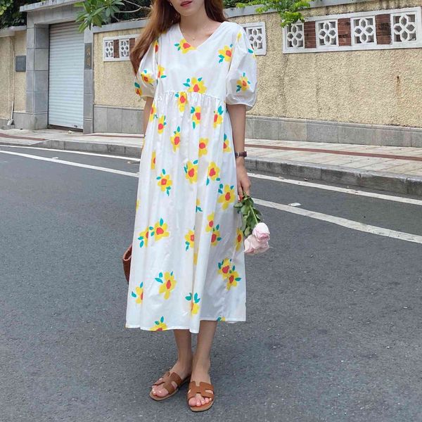 

new summer foral beach dress vintage sweet korean style high waist puff sleeve party long dresses vestidos, Black;gray