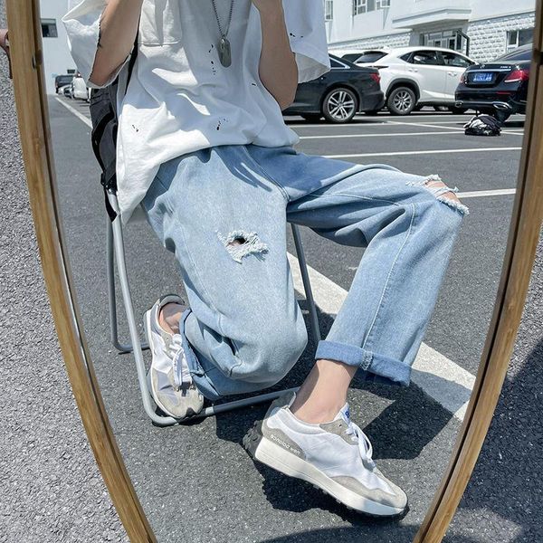 

men's jeans workwear spring summer trend thin nine-quarter pants slim-fit washed blue straight trousers casual loose streetwear