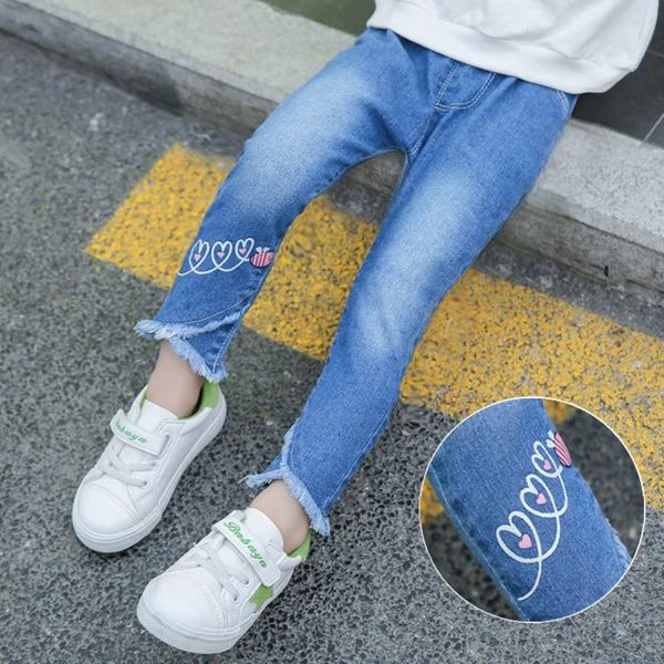 

jeans fashion baby girl 2021 slim feet pants toddler lovely print denim trousers foreign hair edge pencil for kid 1-6y, Blue
