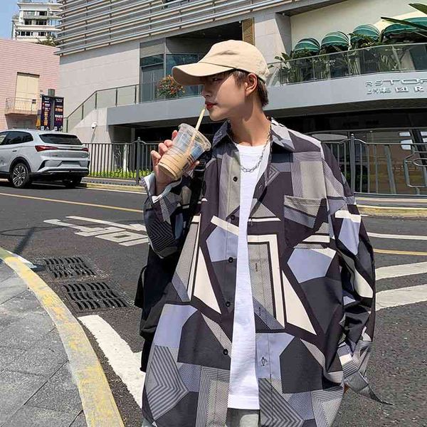 

men's casual shirts spring summer lapel printed korean fashion loose harajuku streetwear long-sleeved men -2xl i47o, White;black