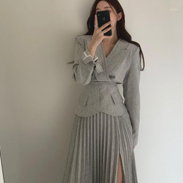 

two piece dress korean style chic women's jacket and long skirt high waist dovetail split pleated 2 pcs sets coat suits, White