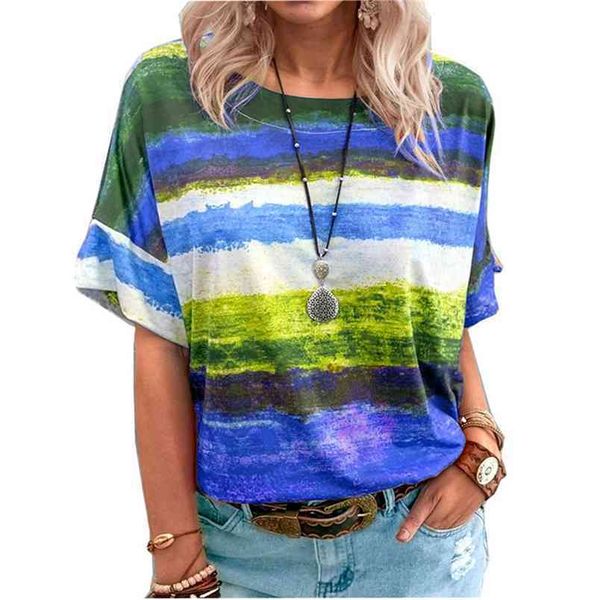 Verão Mulheres Oversized T Camiseta Casual Manga Curta O-Pescoço IE Dye Cor listrado Contraste Solto Streetwear Ops Plus Size 210522