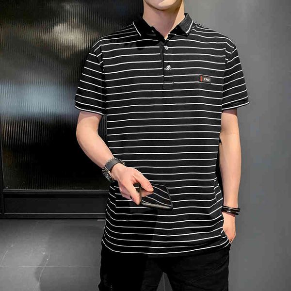 

men's polos 2021 half sleeve polo shirt loose fashion stripe summer short, White;black