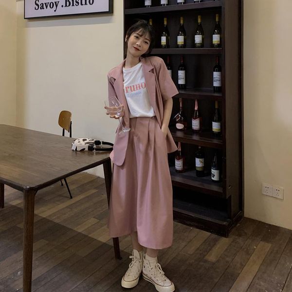 

two piece dress summer korean version 2021 solid color loose short-sleeved suit jacket women's elastic waist skirt fashion two-piece, White