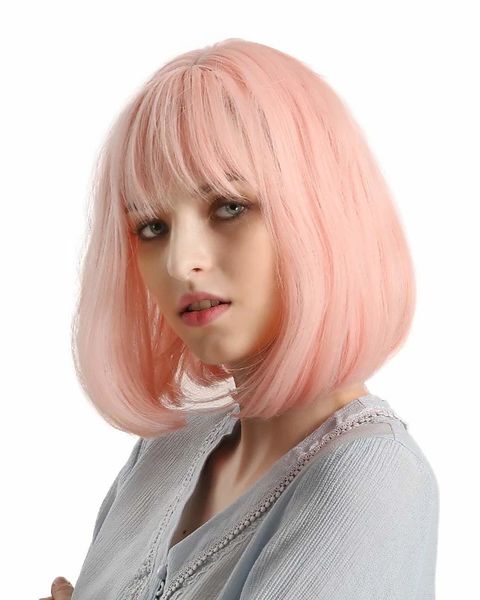 

human hair wigs pink bangs bobo short straight lovely beautiful wig, Black