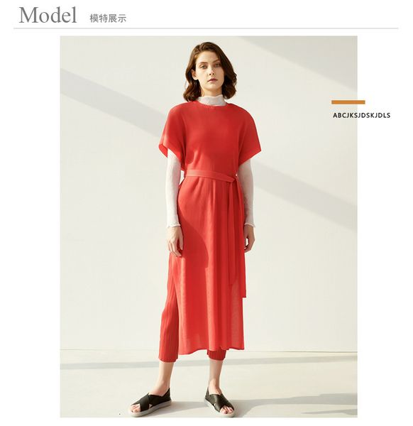 

dress miyake fashion fold short sleeve o-neck lace-up high split, Black;gray