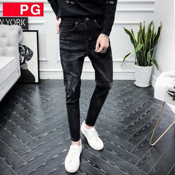 

men's jeans autumn and winter 2021 fashion casual black ripped slim feet pants korean wild thick teenager pencil trousers, Blue