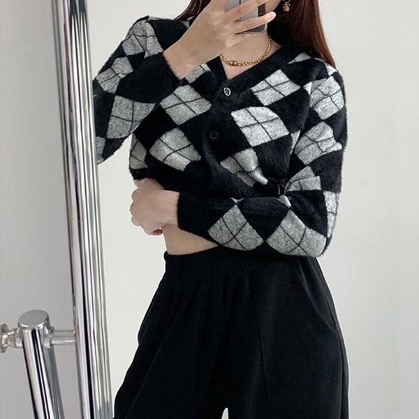 

women's jackets women 's retro comfort rhombus knitted cardigan spring and autumn slim fit slimming sweater short v-neck long-slee, Black;brown