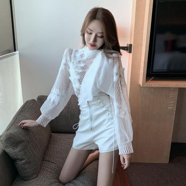 

women's tracksuits autumn two-piece design sense western style lace lantern sleeve long-sleeved blouse + pu strap zipper wide-leg pant, Gray