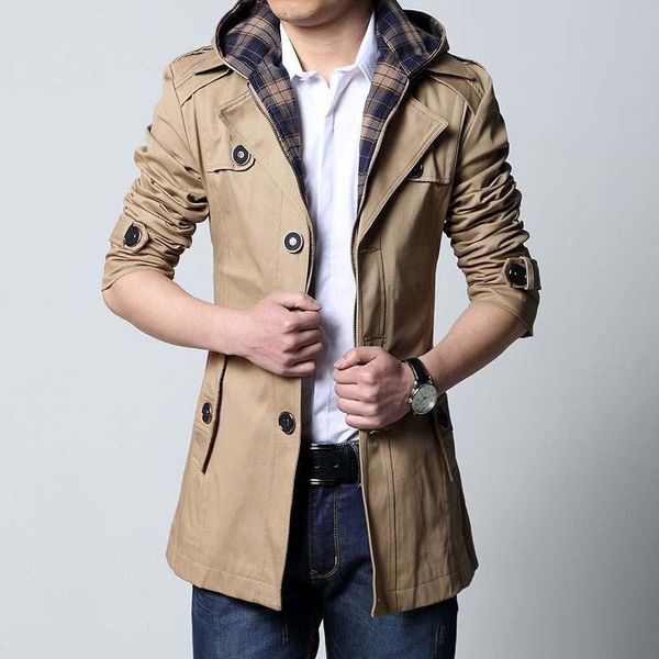 

men's trench coats 2021 spring and autumn windbreaker medium length hooded, Tan;black