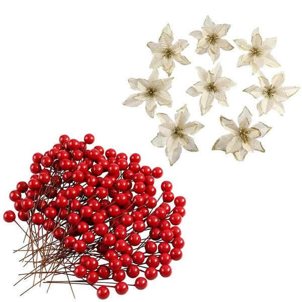 

party decoration 20pcs artificial wedding christmas flowers wreaths (gold) & 200 pcs holly berries for