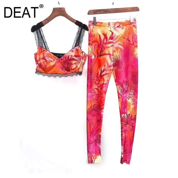 

[deat] new summer fashion women printed vintage styles two pieces set vacation clothing lace and legging wm90303l 210428, Black