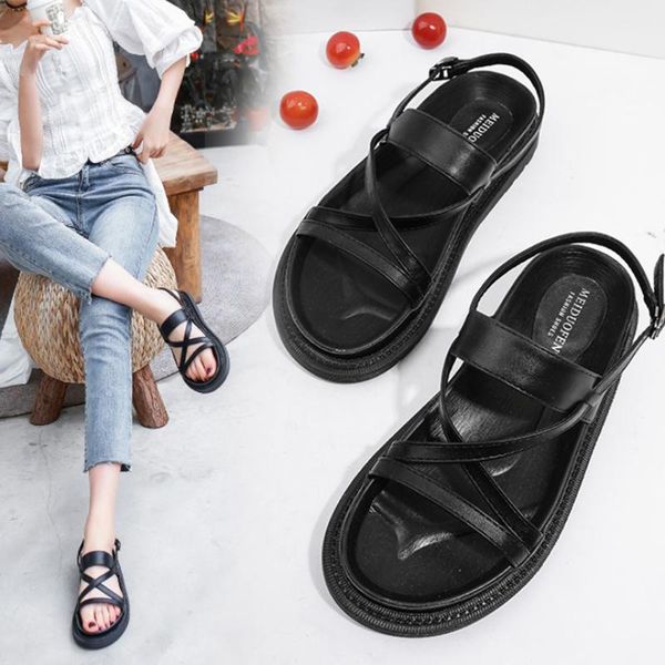 

sandals vintage open toe creepers women thicken buckle strap gladiator sandalias european trend cross-strap platform sandale2021, Black