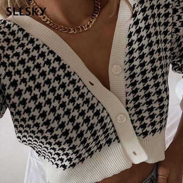 

plaid print vintage cardigan women sweater v neck elegant chic short spring fashion jumper lady streetwear, White;black