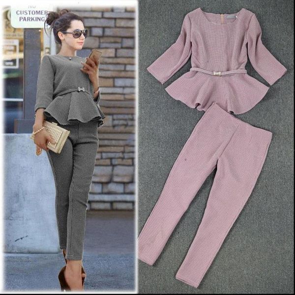 

womens tracksuits spring autumn fashion business pants suits houndstooth check pattern ruffles for women 2 pieces set, Gray