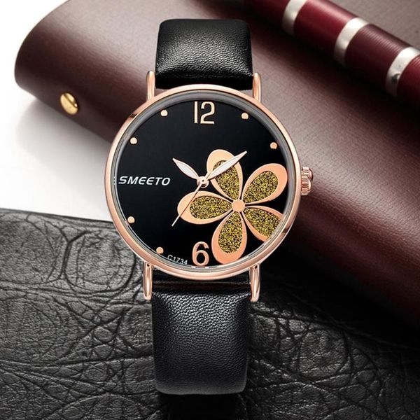 

women simple fashion leather band analog quartz watch shiny flower faux casual wrist wristwatches, Slivery;brown