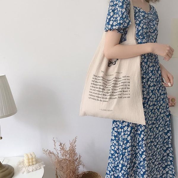 

waist bags lightweight cotton linen women canvas shoulder eco shopping bag double pockets large capacity handbag tote butterfly print