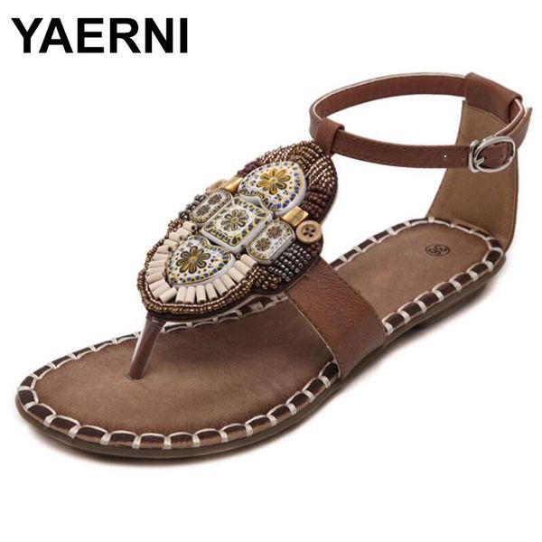 

summer women sandals bohemian fashion beading pu printed gladiator casual flat for woman e819, Black