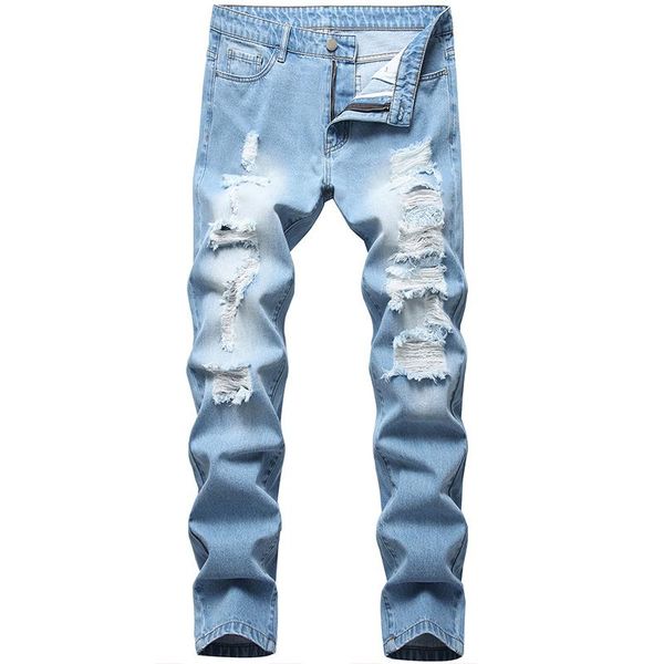 

men jeans ripped holes washed pants long trendy denim blue straight male men's