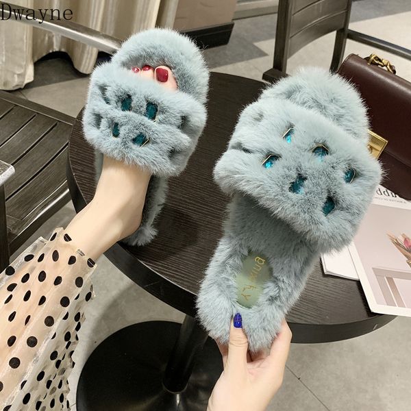 

slippers rhinestone furry bottom sandals wild outside wear flat warm slipper cute plush hair fluffy home shoes womens 7euf, Black