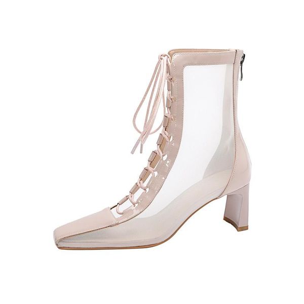 

spring and summer women's mesh ankle boots patent leather square thick heel lace-up rubber sole nude, Black