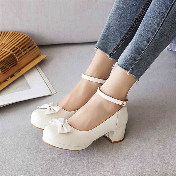 

dress shoes yqbtdl white wedding heels pink block chunky high heel lolita female princess bow knot ankle buckle summer women pumps 43 8ogz, Black