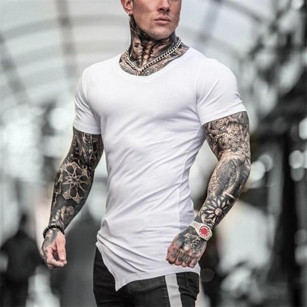 

brand summer fitness men cotton short sleeve t-shirt oblique v neck gyms clothing bodybuilding t shirt male slim tight tees 210409, White;black