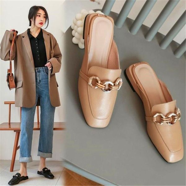 

slippers ladies leather belt with metal buckle decoration low heel shoes casual loafers slipper, Black