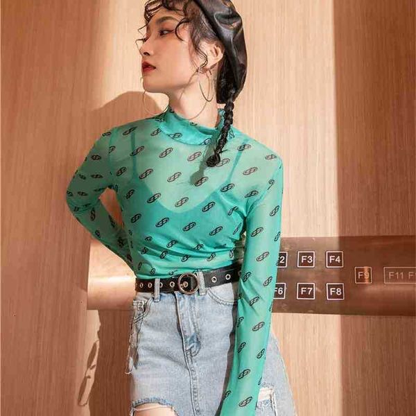 

women's t-shirt mesh long sleeve t shirt women turtleneck see through tshirt transparente print tight ladies fall clothes ekkm, White