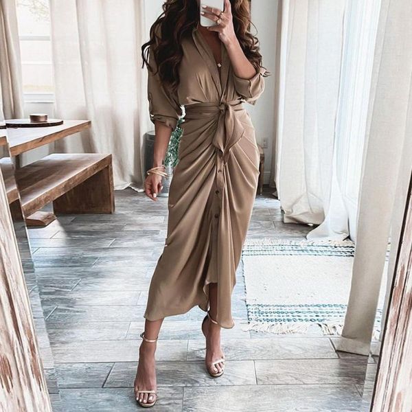 

women's swimwear fashion turn-down collar draped party dresses elegant button office ladies shirt dress women summer short sleeve slit, White;black