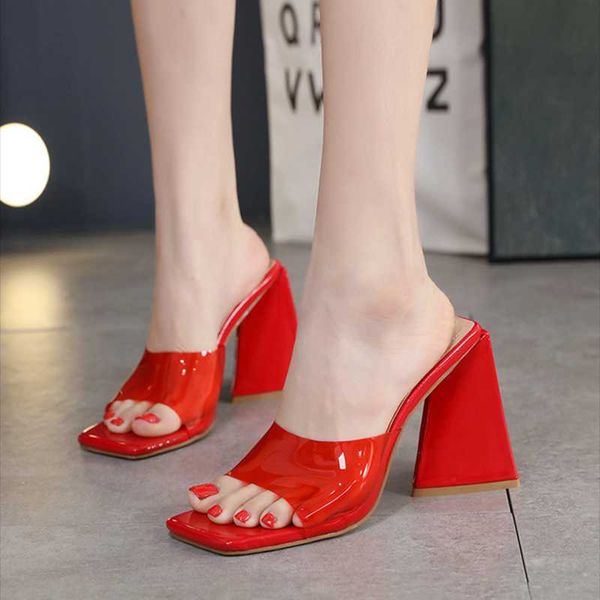 

sandals solid transparent slip on lady's heeled slipper summer square open toe block heel shoes chunky, Black