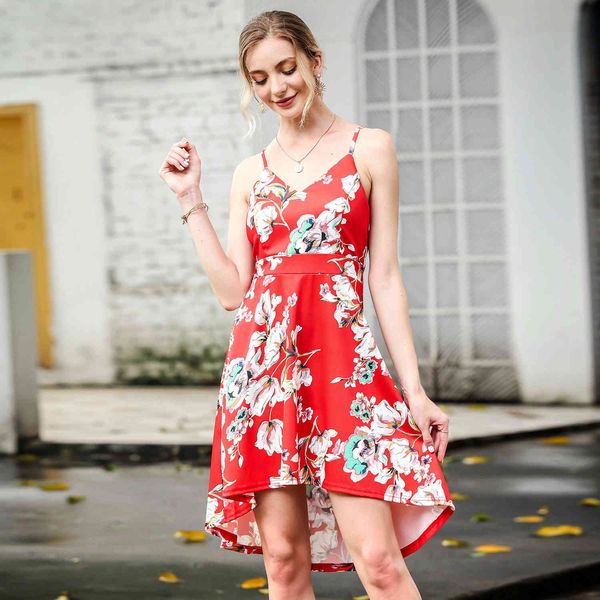 

floral boho printed girly dress with low-cut v-belts of asymmetrical spaghetti summer vacation dressed as beach wl329, Black;gray