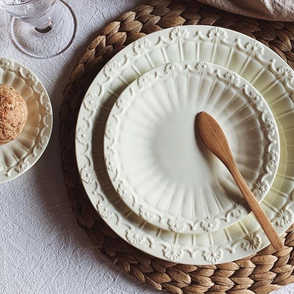 

plates sets creamy yellow embossed rose flower plate ceramic set dishes &