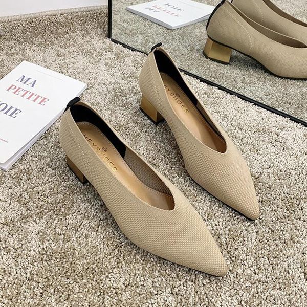 

dress shoes fashion stretchy knited fabric pumps pointed toe mid heeled slip on spring autumn lady office casual, Black