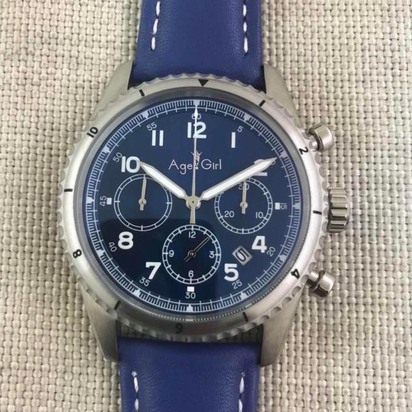 

wristwatches quartz chronograph men satch sapphire silver black blue leather white dial sport watch, Slivery;brown