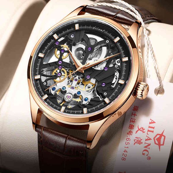 

men business ailang lightweight new waterproof moon phase display perspective hollow fully automated mechanical watches pointer 8607g, Slivery;brown