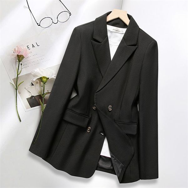 

peonfly casual double breasted blazer women office ladies solid coat jacket long sleeve notched outwear 211006, White;black