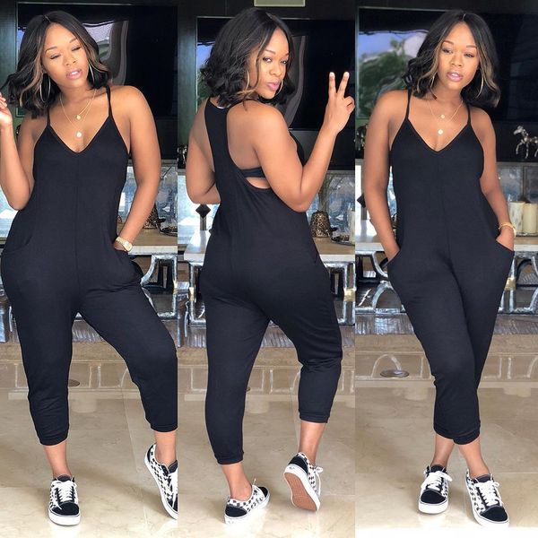 

plus size spaghetti strap womens romper solid color backless leotard overalls casual jumpsuits, Black;white