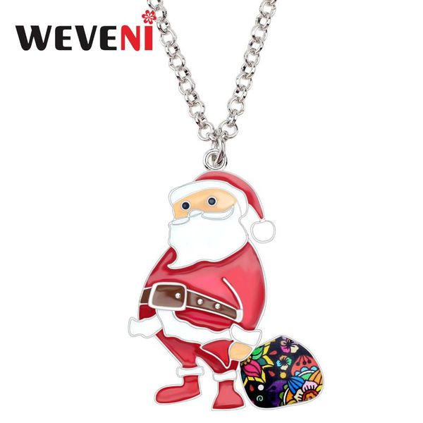 

pendant necklaces weveni enamel alloy cartoon christmas santa claus gift bag necklace chain choker jewelry for women girl party decoration, Silver