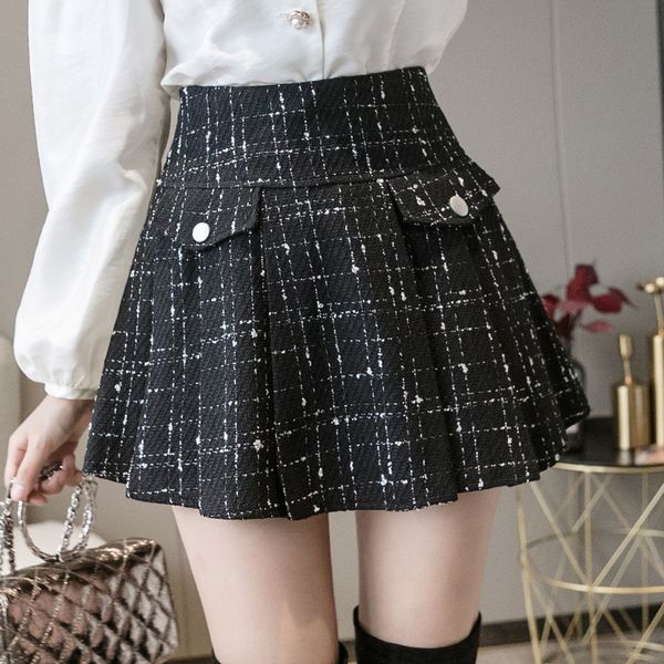 

skirts wool plaid skirt high waist a-line short autumn drs 2021 female winter one-step umbrella skirt, Black