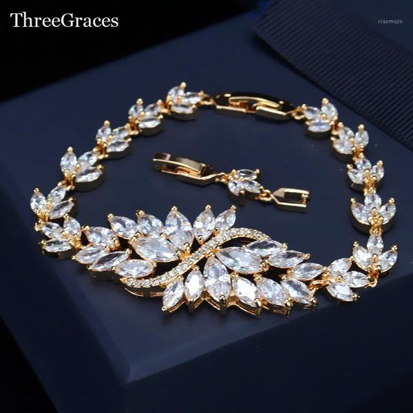 

charm bracelets threegraces luxury design bridal gold color jewelry big marquise shape clear cubic zirconia wedding for women br109, Golden;silver