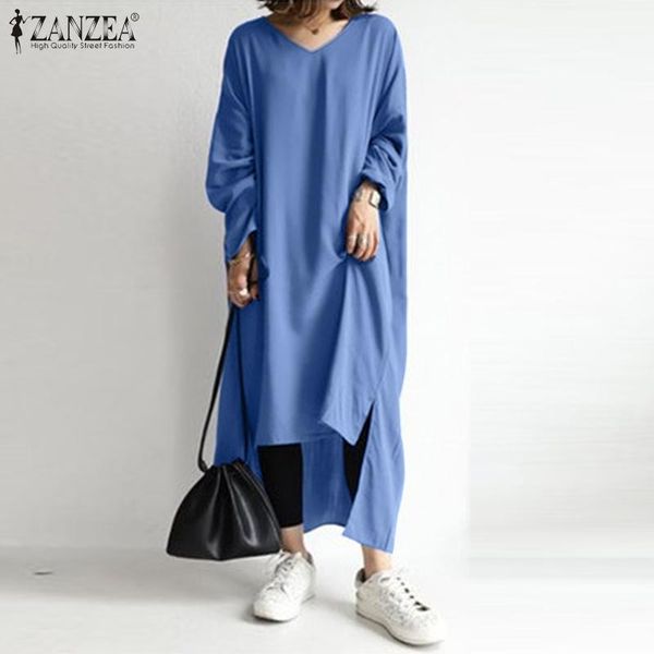 

casual dresses 2021 spring high low women dress zanzea split hem solid sundress loose pullover v neck full sleeve robe femme plus size, Black;gray
