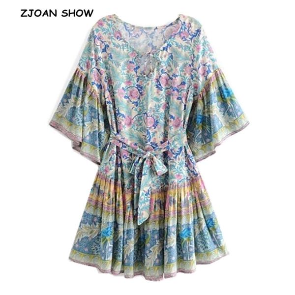 Mulheres Bohemian Bell Lace Up V Pecarinho Pavão Floral Impressão Mini Vestido Étnico Bow Maré Sashes Curto Vestidos Femme Vestido 210429