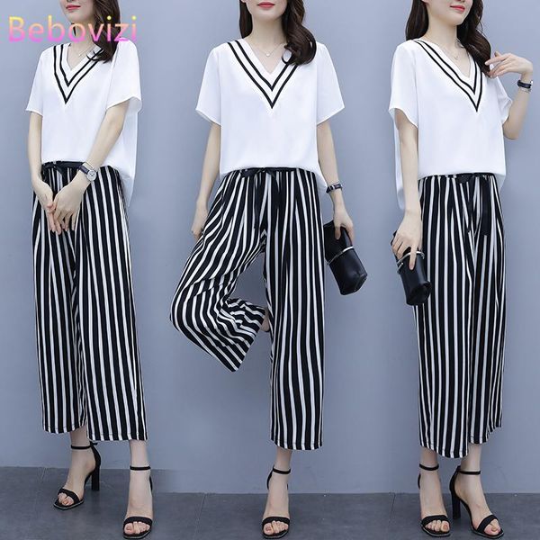 

black white plus size 3xl 4xl 5xl women matching pant sets summer office lady suit loose high waist wide leg pants + blouse women's tw
