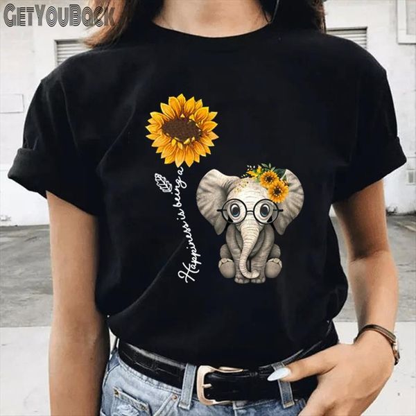 

elephant sunflower funny black womens girl o neck harajuku animal 90s tee female clothes,drop ship, White
