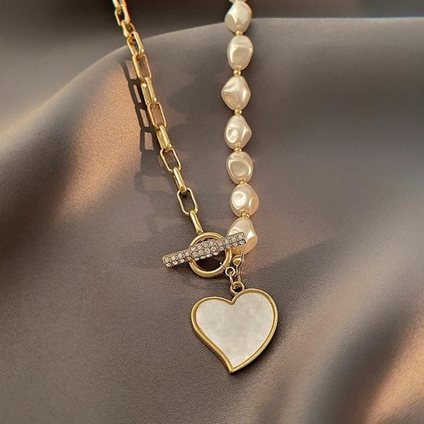 

pendant necklaces lovelink vintage baroque irregular pearl lock chains necklace geometric heart for women punk jewelry, Silver